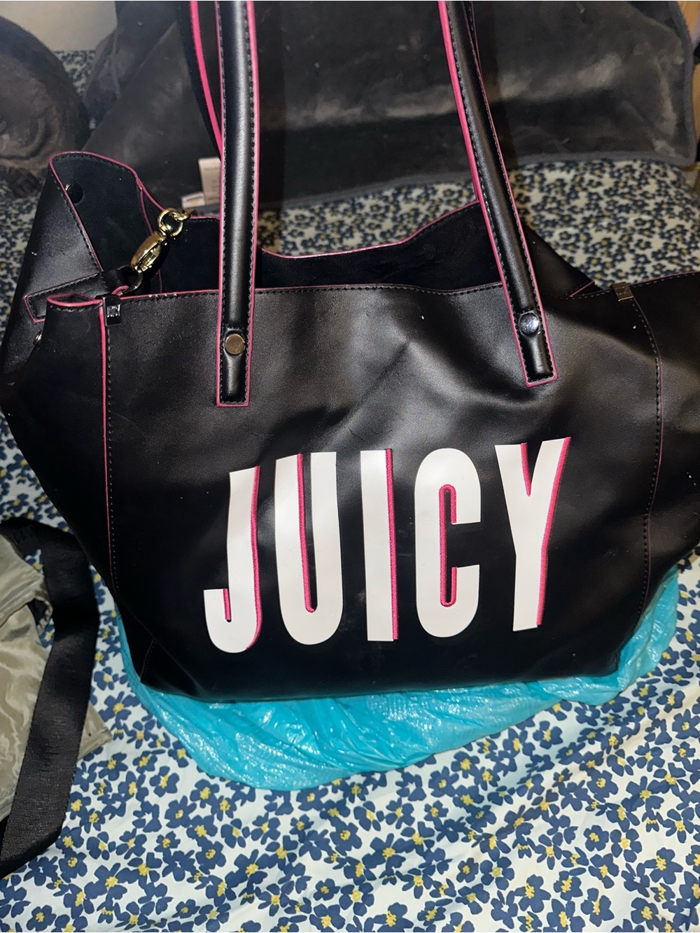 Juicy Couture Black Tote with Pink Trim and White Logo